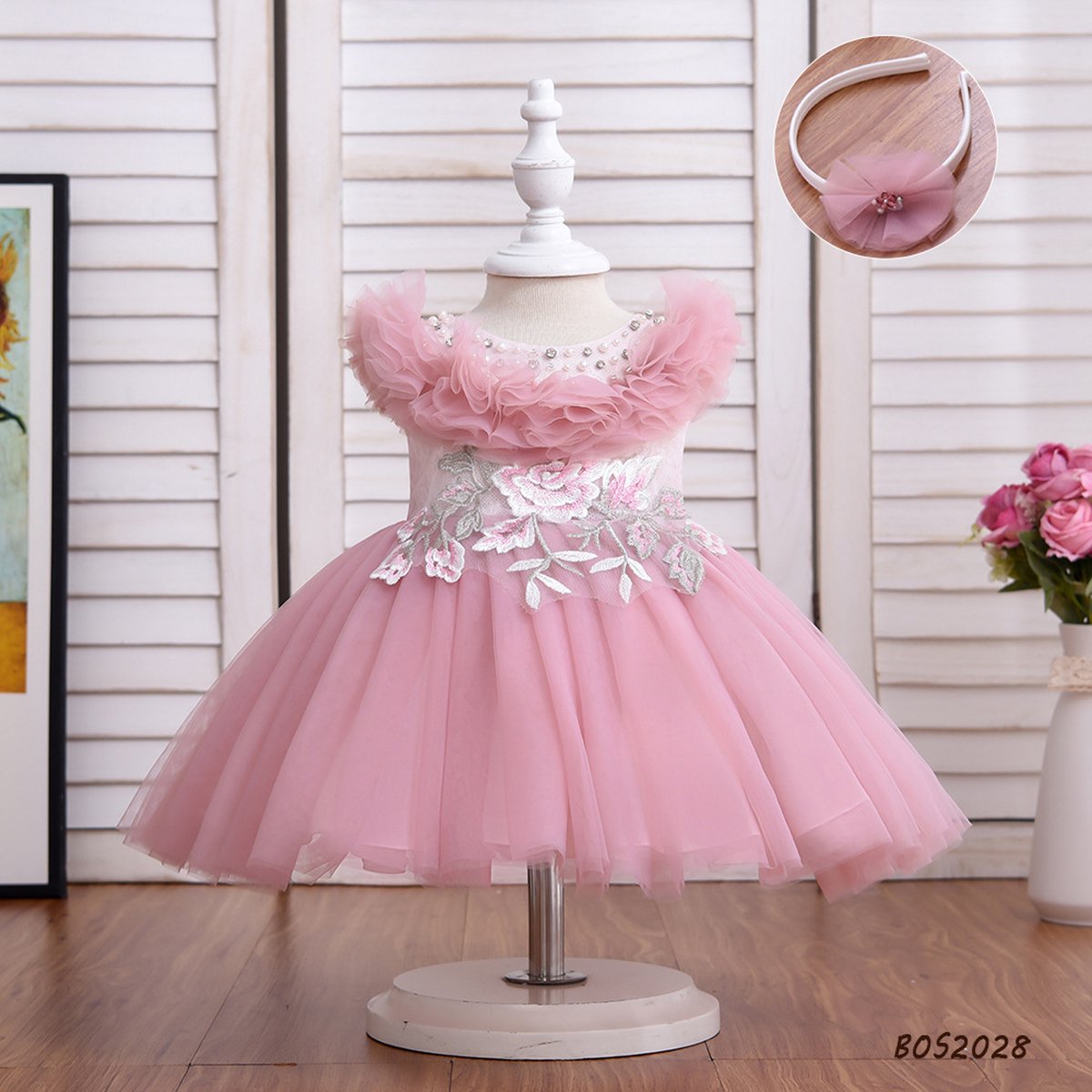 2023 zommer baby verjaardag cadeautje meisje Prinsessenjurk babyjurkje meisjes roze 86 / 92cm met haarband