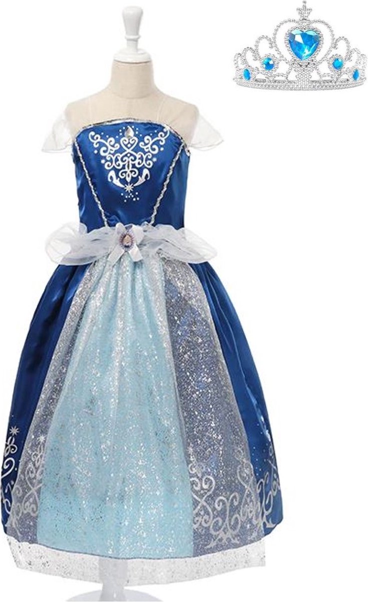Assepoester jurk Sprookjes jurk Prinsessen jurk verkleedjurk 104-110 (120) donker blauw met kroon