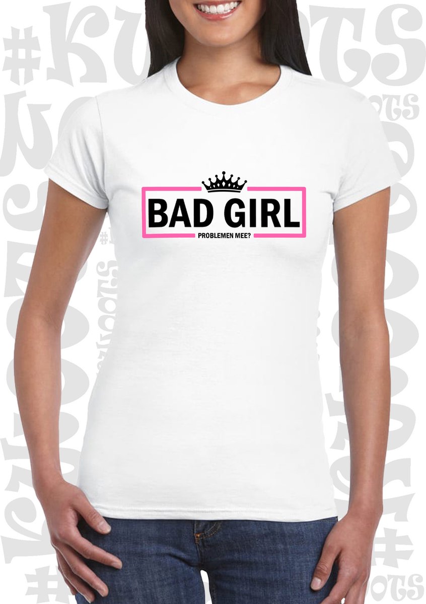 BADGIRL PROBLEMEN MEE? damesshirt - Wit met zwart & roze - Maat L - korte mouwen - Ronde hals - Grappige teksten & Designs - quotes - kwoots - humor - Aansluitende zijnaden