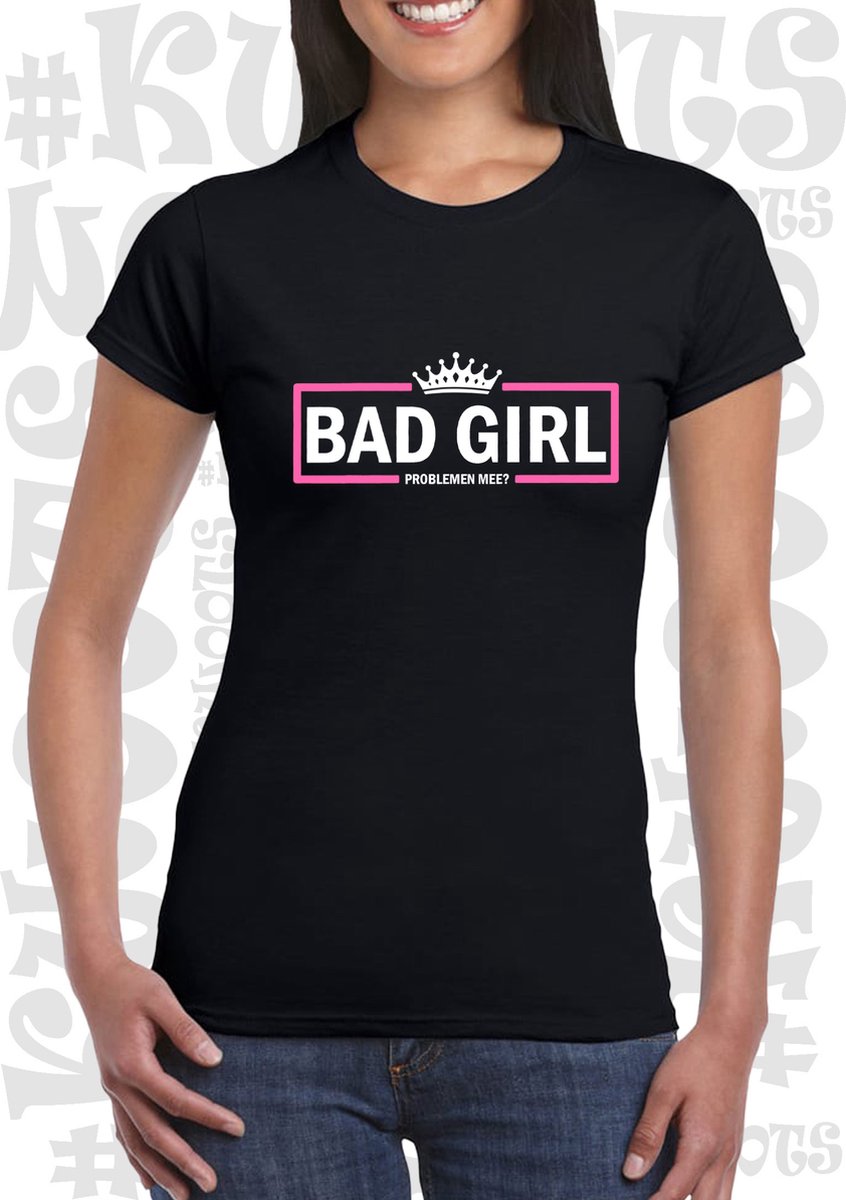 BADGIRL PROBLEMEN MEE? damesshirt - Zwart met wit & roze - Maat L - korte mouwen - Ronde hals - Grappige teksten & Designs - quotes - kwoots - humor - Aansluitende zijnaden
