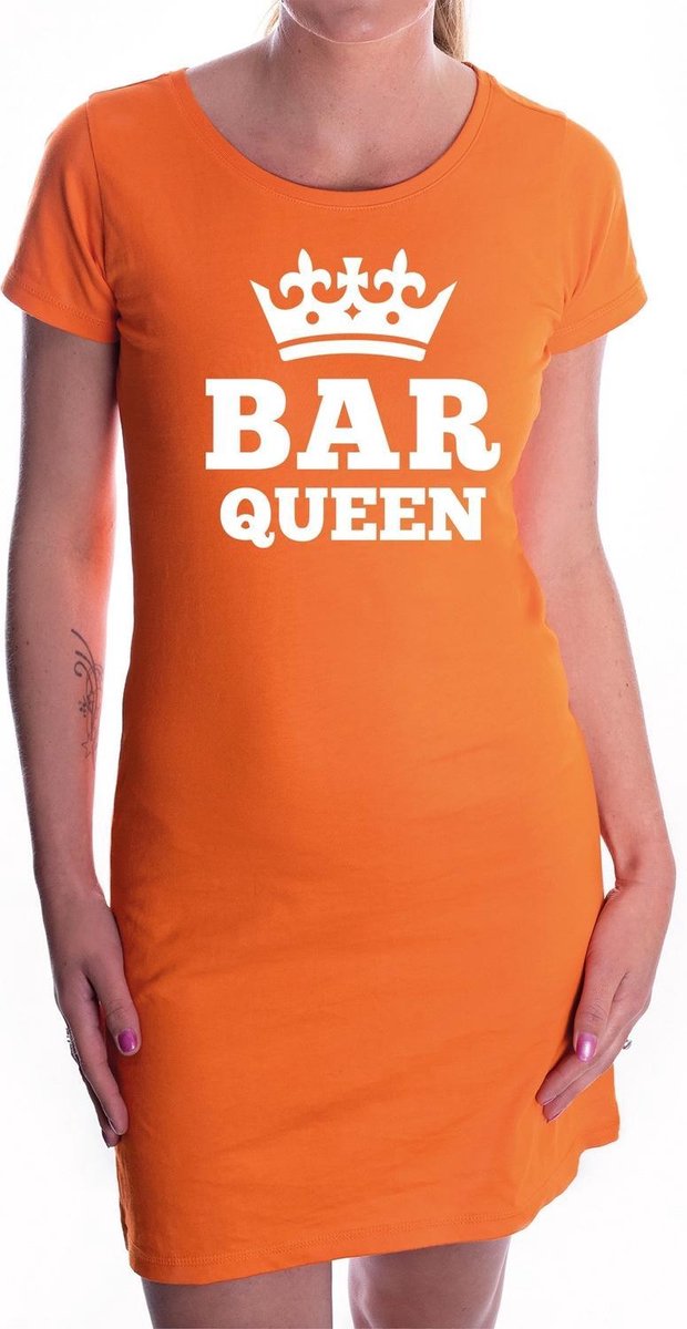 Bar queen met witte kroon jurk oranje voor dames - Koningsdag - supporters kleding / oranje jurkjes XL