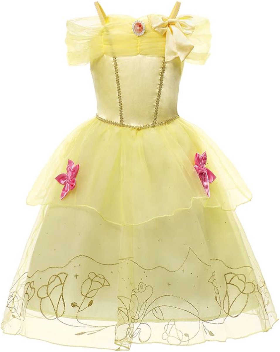Bella jurk Prinsessen jurk verkleedjurk 128-134 (140) geel roze met broche + roze haarband