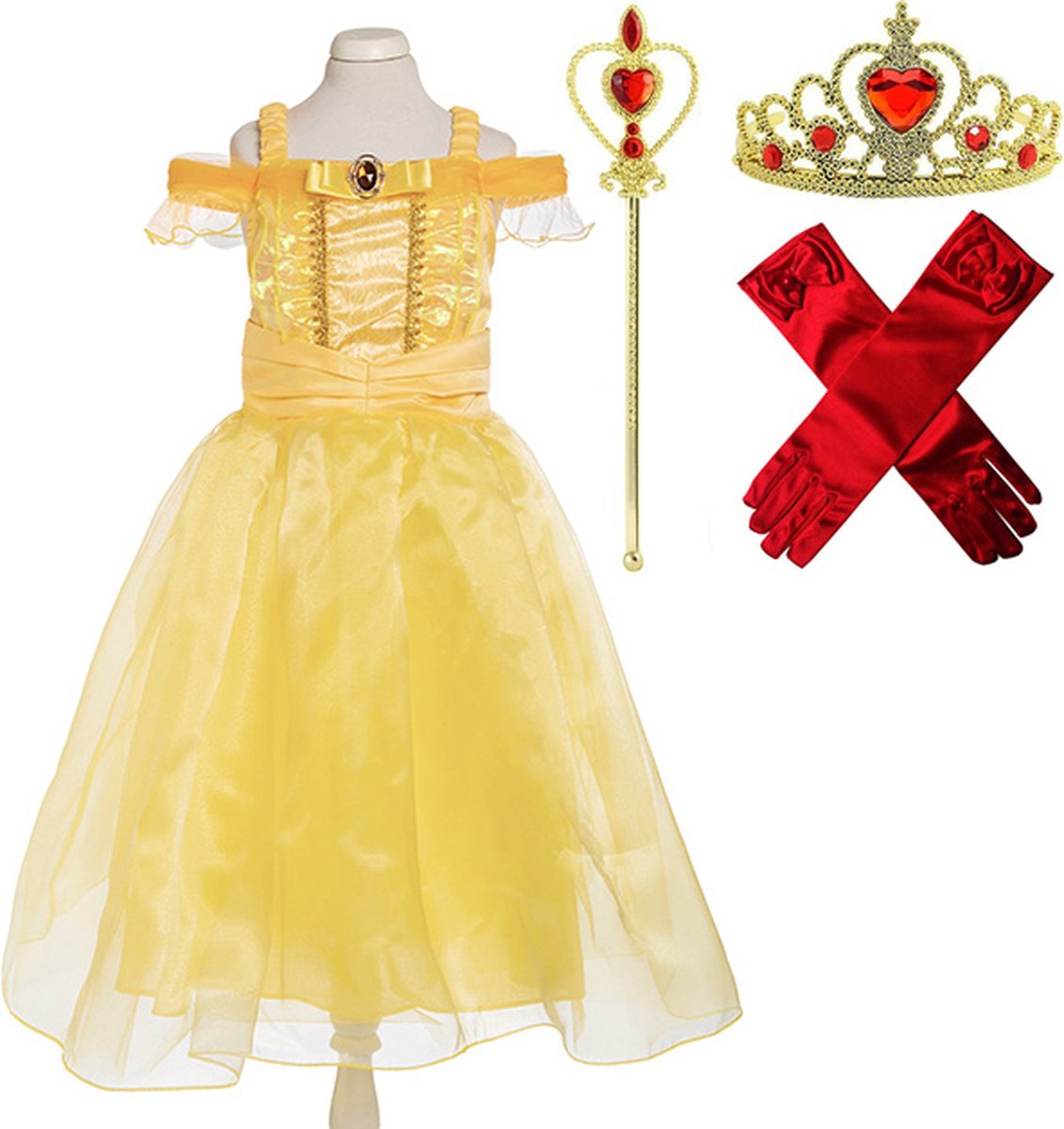 Belle en het Beest jurk kind Maat: 122/128 (7-8 jaar) + kroon + staf + handschoenen Belle prinsessenjurk meisje