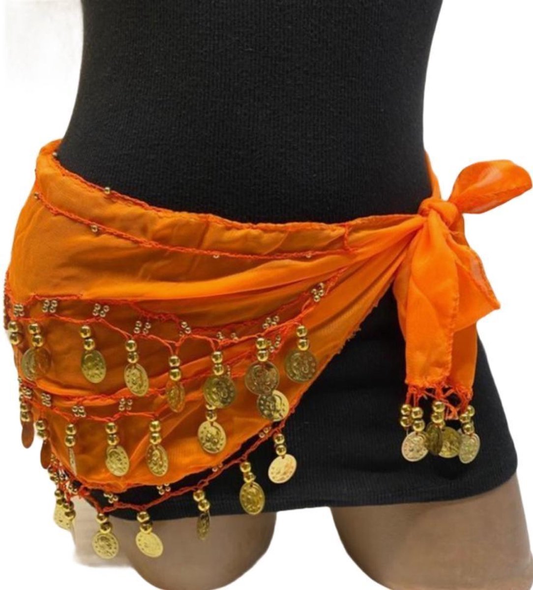 Buikdans - Sjaal - Heupsjaal - Oranje - Gouden Muntjes - 150 cm