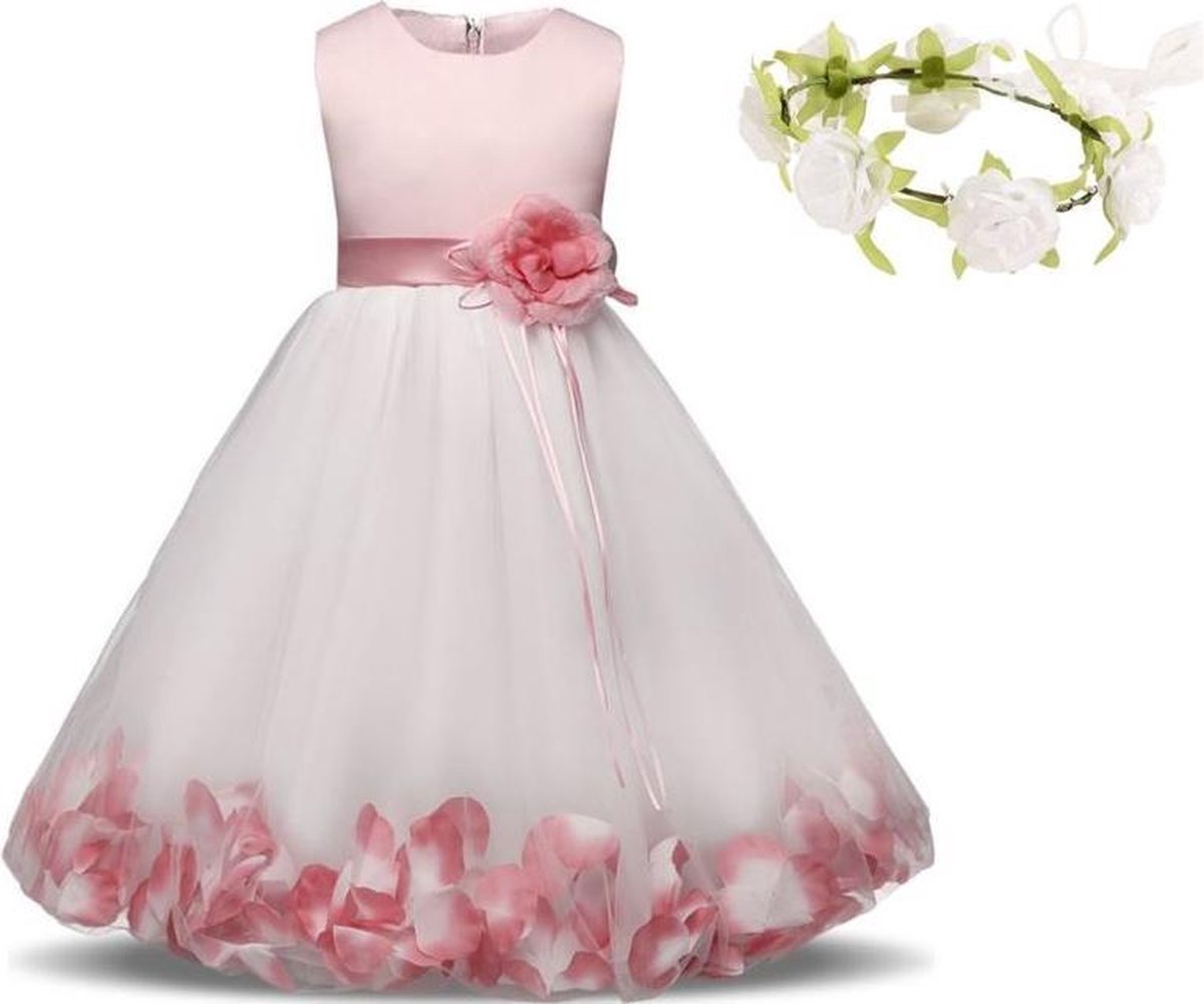 Communie jurk Bruidsmeisjes jurk bruidsjurk roze wit bloemen 110-116 (120) prinsessen jurk feestjurk + krans