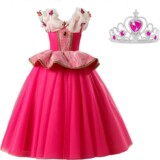 Doornroosje jurk Prinsessen jurk Deluxe verkleedjurk vlinders 116-122 (120) fel roze + kroon verkleedkleding