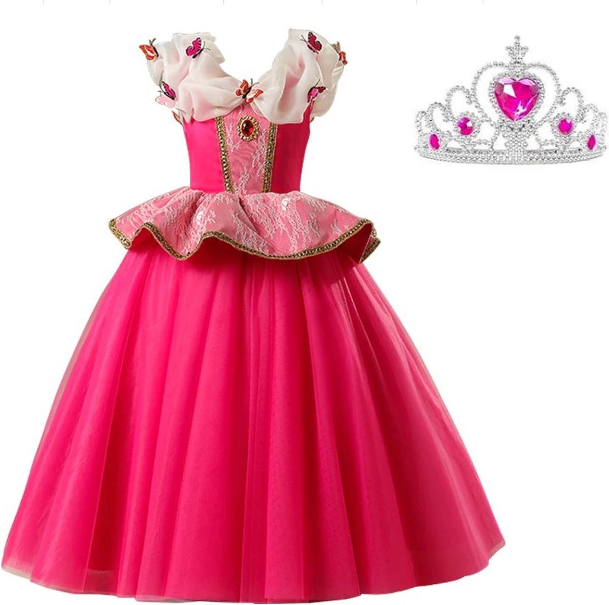Doornroosje jurk Prinsessen jurk Deluxe verkleedjurk vlinders 140-146 (140) fel roze + kroon verkleedkleding