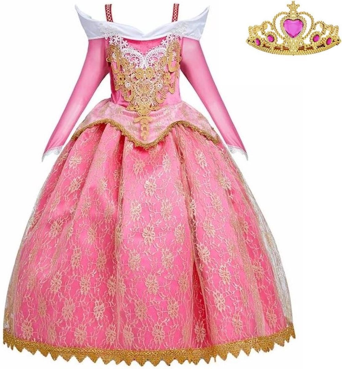 Doornroosje jurk Prinsessen jurk Royal Queen Deluxe 134-140 (140) roze goud + kroon verkleedjurk verkleedkleding