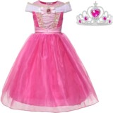 Doornroosje jurk Prinsessen jurk verkleedjurk Luxe 104-110 (110) fel roze + kroon verkleedkleding