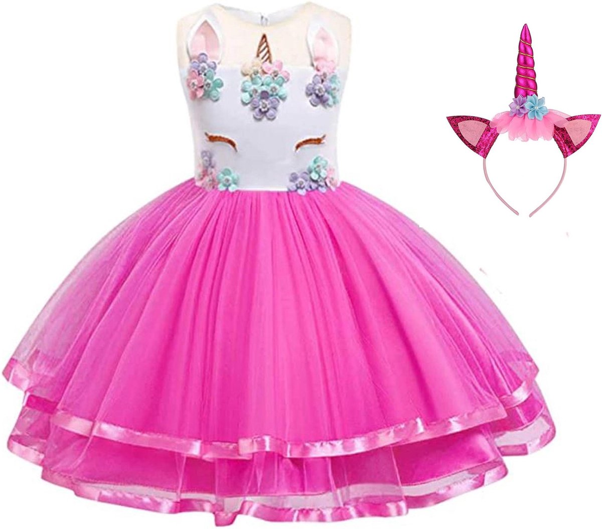 Eenhoorn jurk unicorn jurk eenhoorn kostuum - fel roze 134-140 (150) prinsessen jurk verkleedjurk + haarband
