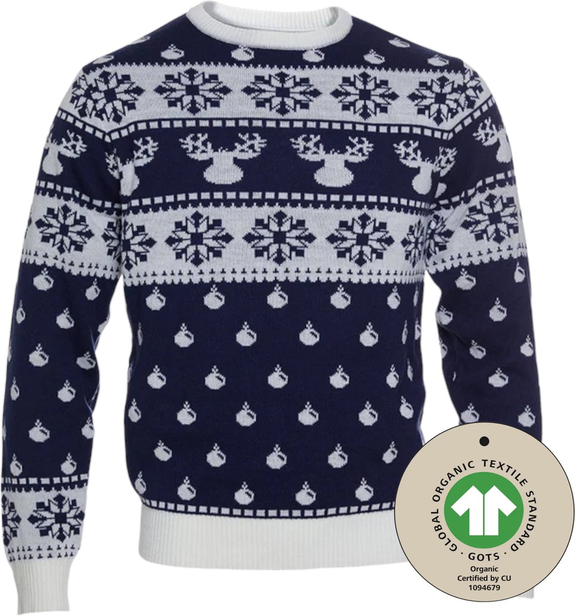 Foute Kersttrui Dames & Heren - Christmas Sweater "Klassiek Blauw" - 100% Biologisch Katoen - Mannen & Vrouwen Maat S