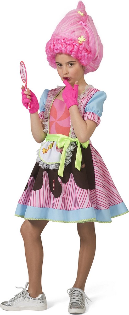 Funny Fashion -Candy Snoepje Fantasy - Meisje - roze - Maat 140 - Carnavalskleding - Verkleedkleding