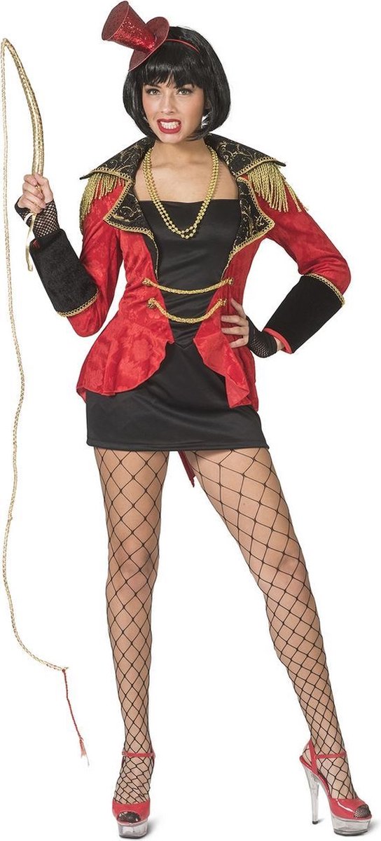 Funny Fashion - Circus Kostuum - Wilde Dompteur Tamme Leeuwen Circus - Vrouw - rood,zwart - Maat 36-38 - Carnavalskleding - Verkleedkleding