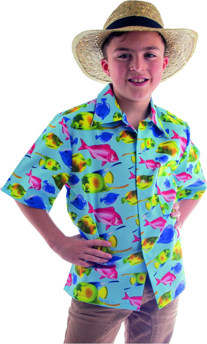 Funny Fashion - Hawaii & Carribean & Tropisch Kostuum - Als Een Vis In Het Water Hawaii Shirt Jongen - blauw - Maat 140 - Carnavalskleding - Verkleedkleding