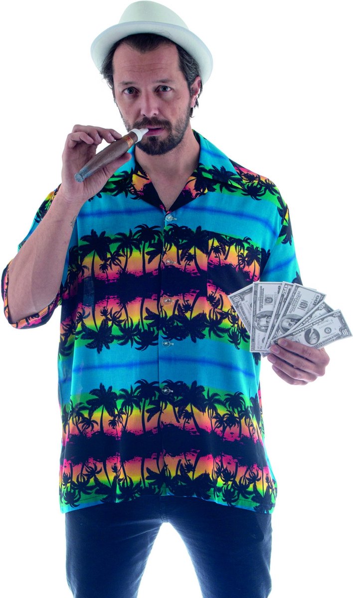 Funny Fashion - Hawaii & Carribean & Tropisch Kostuum - Hawaii Shirt Palmbomen Aloha Man - blauw - Maat 48-50 - Carnavalskleding - Verkleedkleding