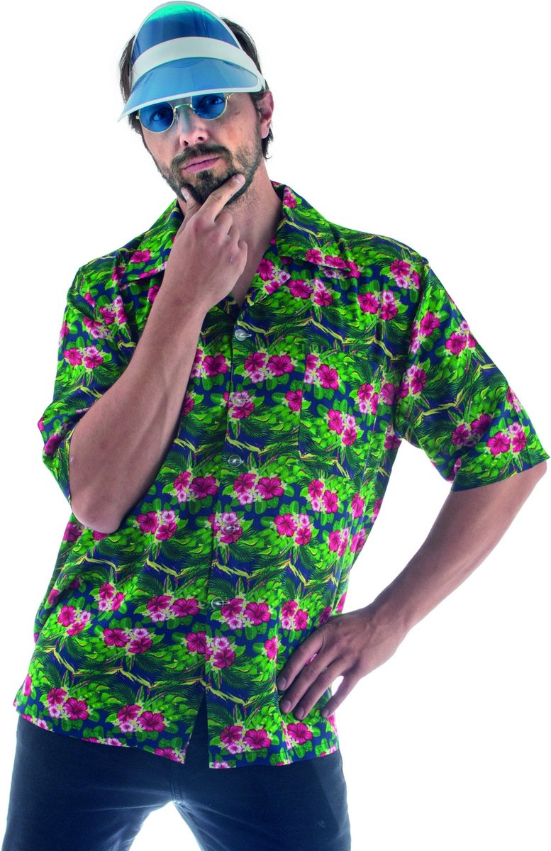 Funny Fashion - Hawaii & Carribean & Tropisch Kostuum - Hawaii Shirt Tropische Bloemen Man - groen,roze - Maat 48-50 - Carnavalskleding - Verkleedkleding