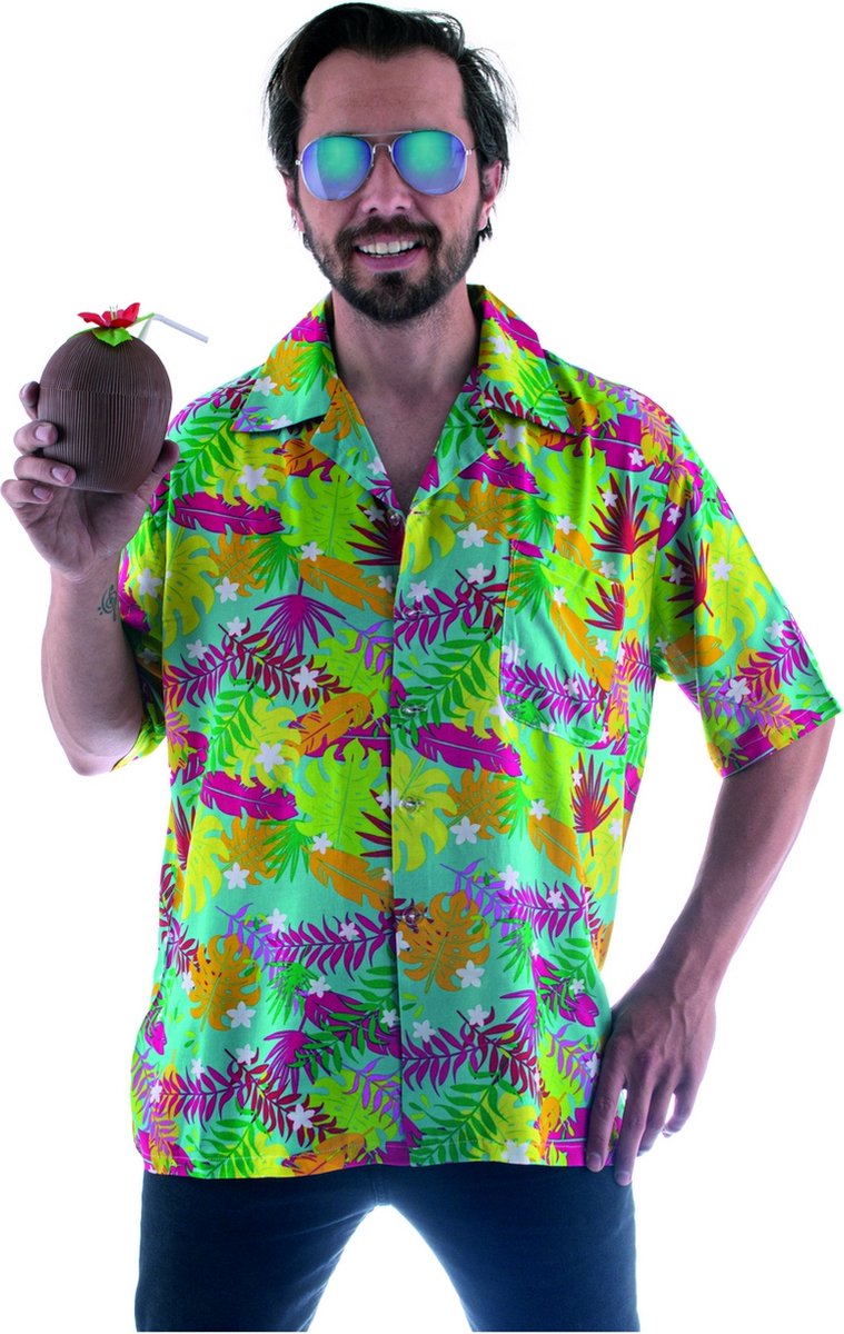 Funny Fashion - Hawaii & Carribean & Tropisch Kostuum - Herkend Worden Aan De Veren Hawaii Shirt Man - multicolor - Maat 48-50 - Carnavalskleding - Verkleedkleding