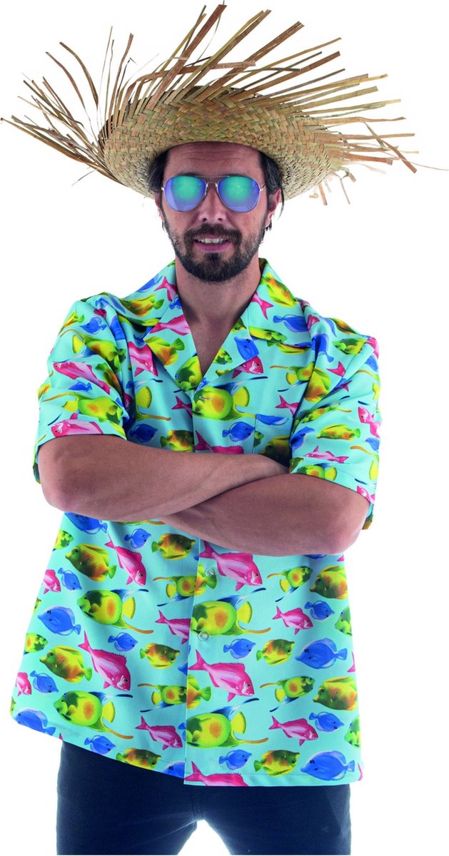 Funny Fashion - Hawaii & Carribean & Tropisch Kostuum - Tropische Vissen Hawaii Shirt Man - blauw - Maat 48-50 - Carnavalskleding - Verkleedkleding