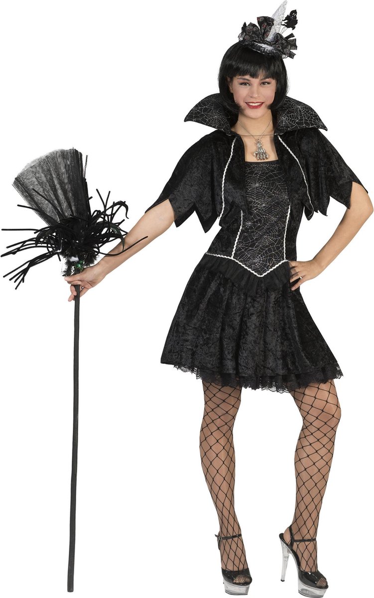 Funny Fashion - Heks & Spider Lady & Voodoo & Duistere Religie Kostuum - Chique Heksenvampier - Vrouw - zwart - Maat 36-38 - Halloween - Verkleedkleding