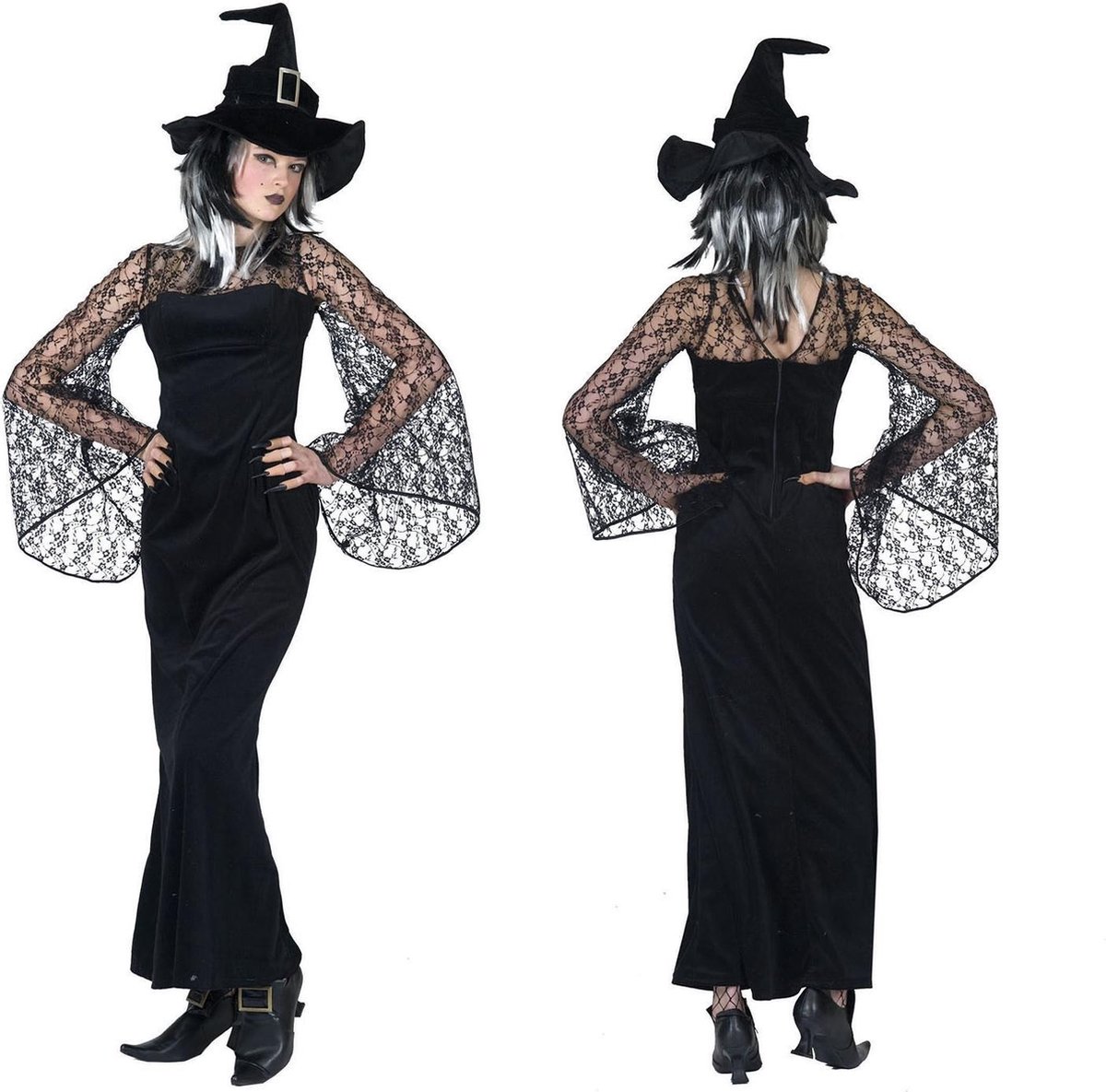 Funny Fashion - Heks & Spider Lady & Voodoo & Duistere Religie Kostuum - Gravilla De Heks - Vrouw - zwart - Maat 44-46 - Halloween - Verkleedkleding