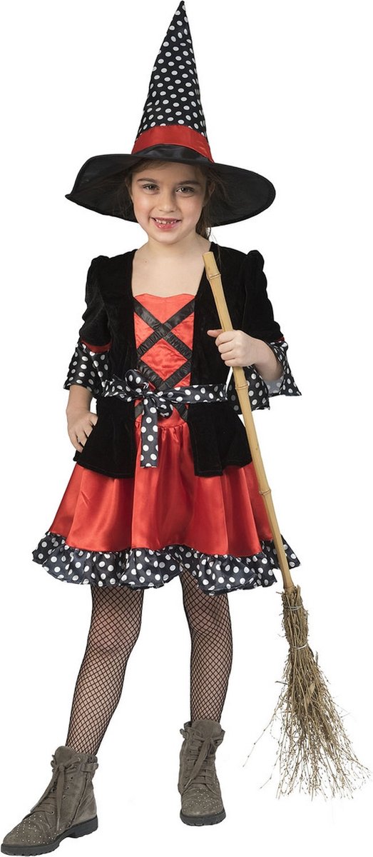 Funny Fashion - Heks & Spider Lady & Voodoo & Duistere Religie Kostuum - Heks Vol Stippen - Meisje - rood,zwart - Maat 104 - Halloween - Verkleedkleding