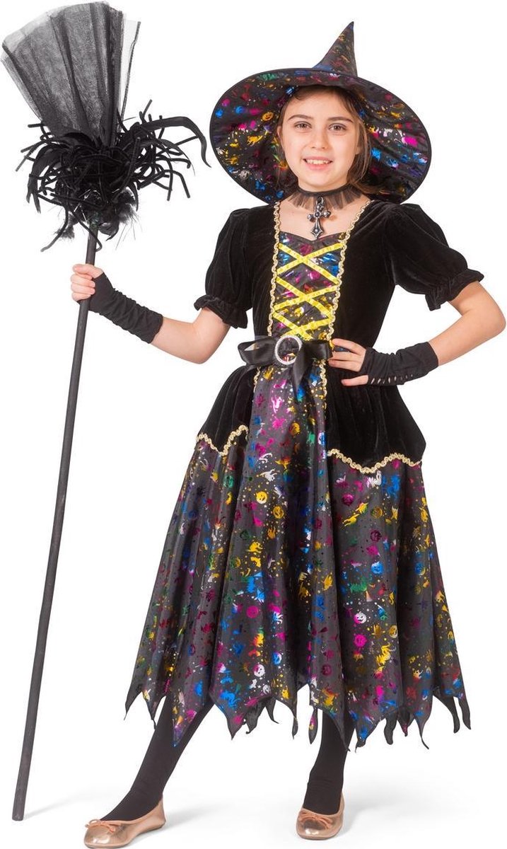 Funny Fashion - Heks & Spider Lady & Voodoo & Duistere Religie Kostuum - Klaar Voor Het Heksenbal Heks - Meisje - zwart - Maat 116 - Halloween - Verkleedkleding