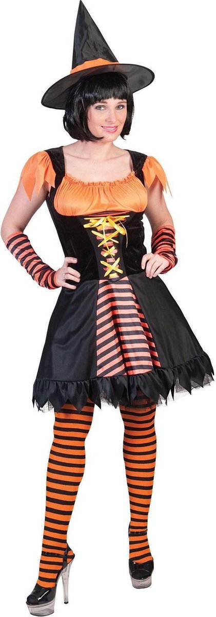 Funny Fashion - Heks & Spider Lady & Voodoo & Duistere Religie Kostuum - Oranje Heks Harrarira - Vrouw - oranje,zwart - Maat 44-46 - Halloween - Verkleedkleding