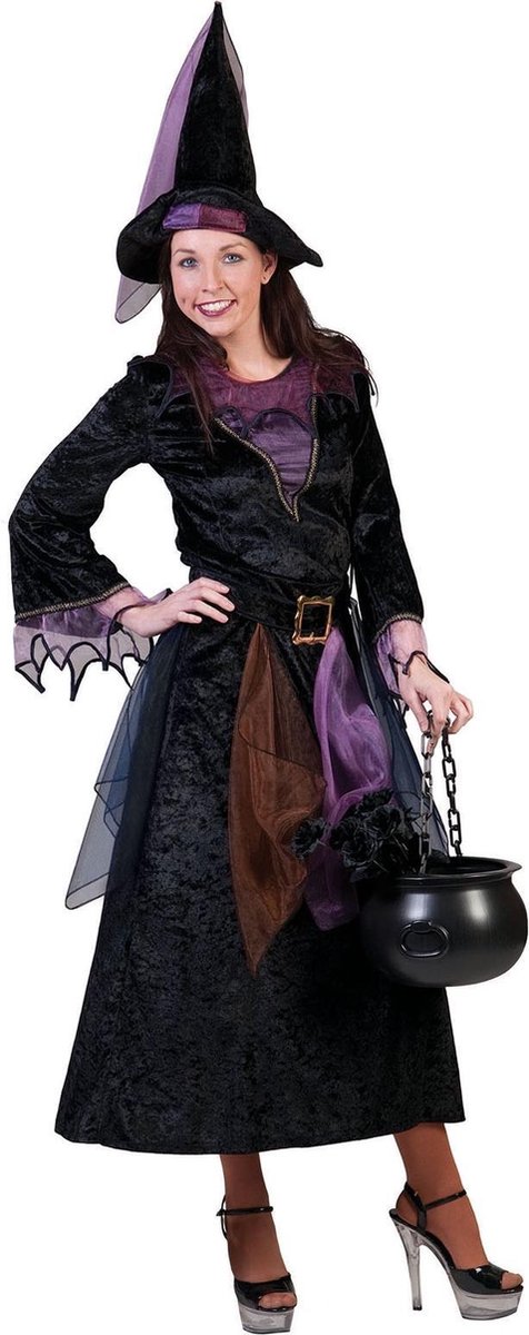 Funny Fashion - Heks & Spider Lady & Voodoo & Duistere Religie Kostuum - Purpuralla Toverspreuk Heks - Vrouw - zwart - Maat 40-42 - Halloween - Verkleedkleding