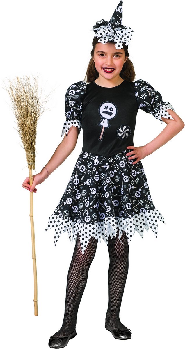Funny Fashion - Heks & Spider Lady & Voodoo & Duistere Religie Kostuum - Verleidelijke Snoep Heks Enge Lollies - Meisje - - Maat 128 - Halloween - Verkleedkleding