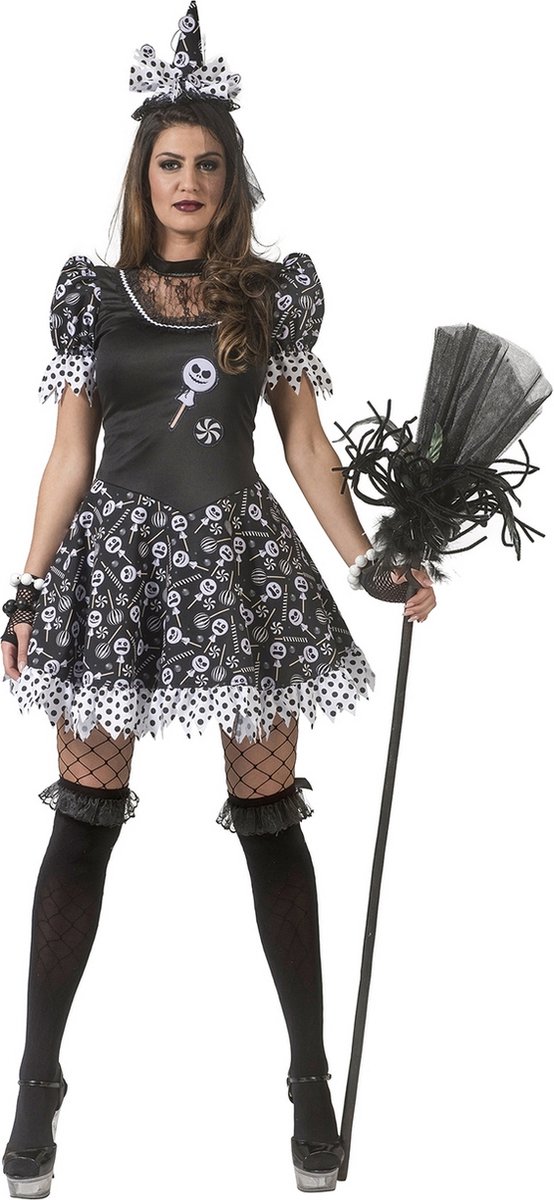 Funny Fashion - Heks & Spider Lady & Voodoo & Duistere Religie Kostuum - Verleidelijke Snoep Heks Enge Lollies - Vrouw - - Maat 32-34 - Halloween - Verkleedkleding