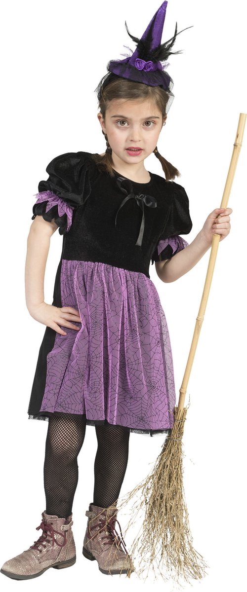 Funny Fashion - Heks & Spider Lady & Voodoo & Duistere Religie Kostuum - Zwart-Paarse Heks Nina - Meisje - paars - Maat 116 - Halloween - Verkleedkleding