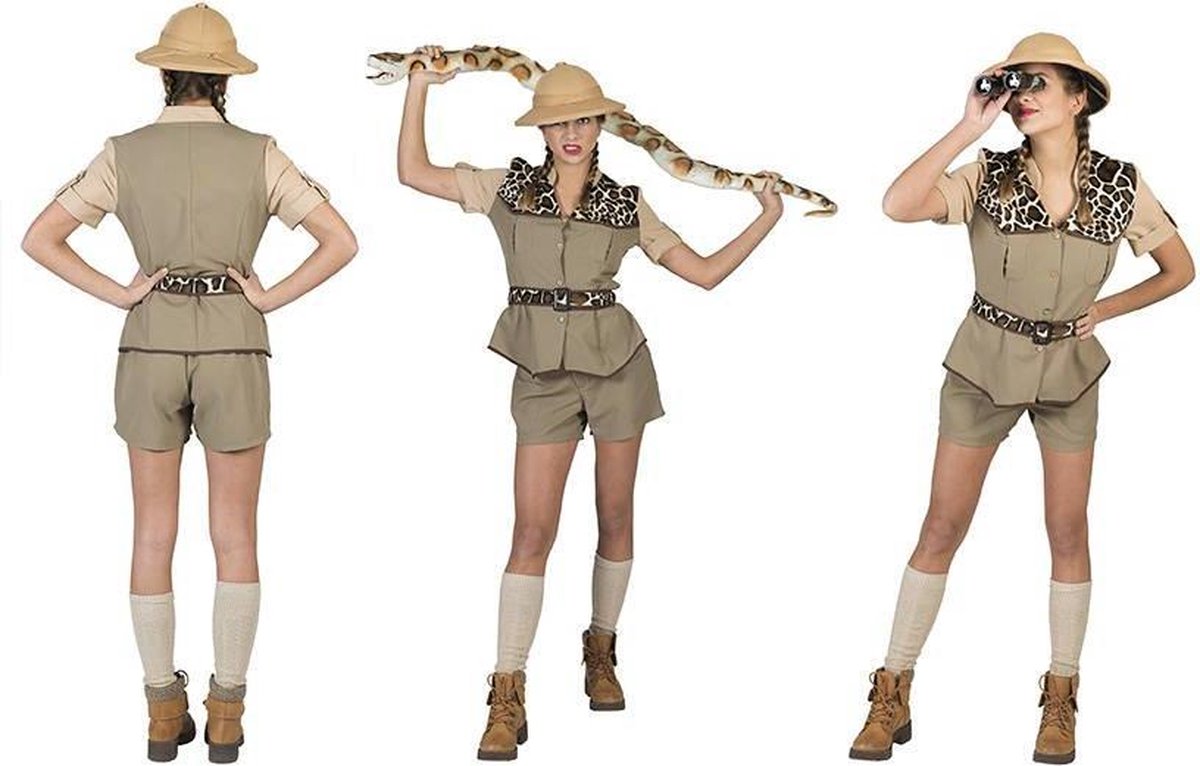Funny Fashion - Jungle & Afrika Kostuum - Safari Wild - Vrouw - bruin,wit / beige - Maat 36-38 - Carnavalskleding - Verkleedkleding