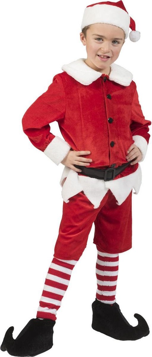 Funny Fashion - Kerst & Oud & Nieuw Kostuum - Kerstelf Kenny Hulp Van De Kerstman Kind Kostuum - rood,wit / beige - Maat 140 - Kerst - Verkleedkleding