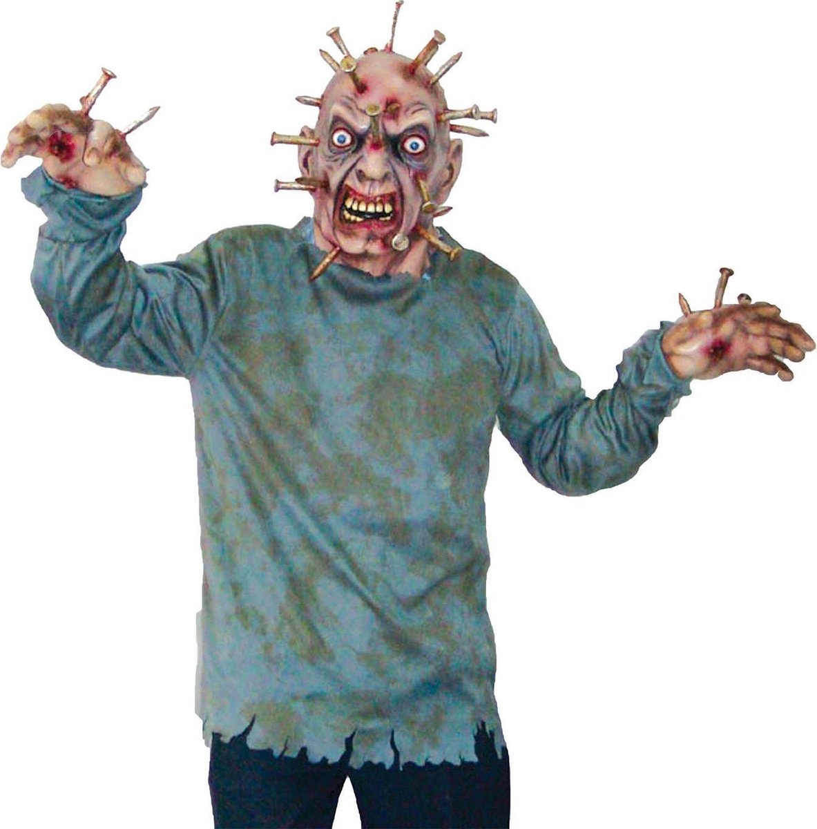 Funny Fashion - Monster & Griezel Kostuum - Horror Masker Spijkers In Hoofd | Man - groen,beige - One Size - Halloween - Verkleedkleding