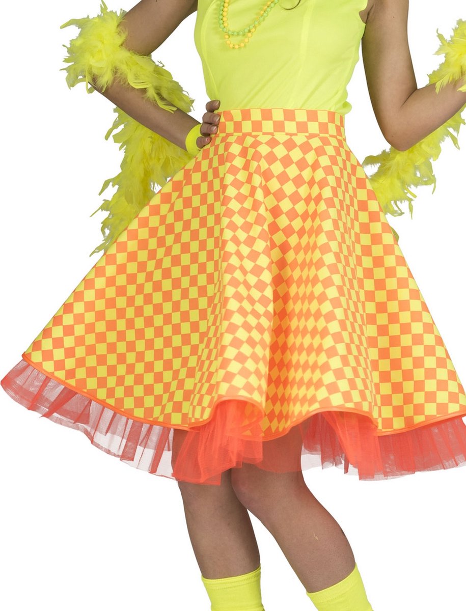 Funny Fashion - Rock & Roll Kostuum - Rockn Roll Rok Geel Oranje Blokjes Vrouw - geel,oranje - One Size - Carnavalskleding - Verkleedkleding