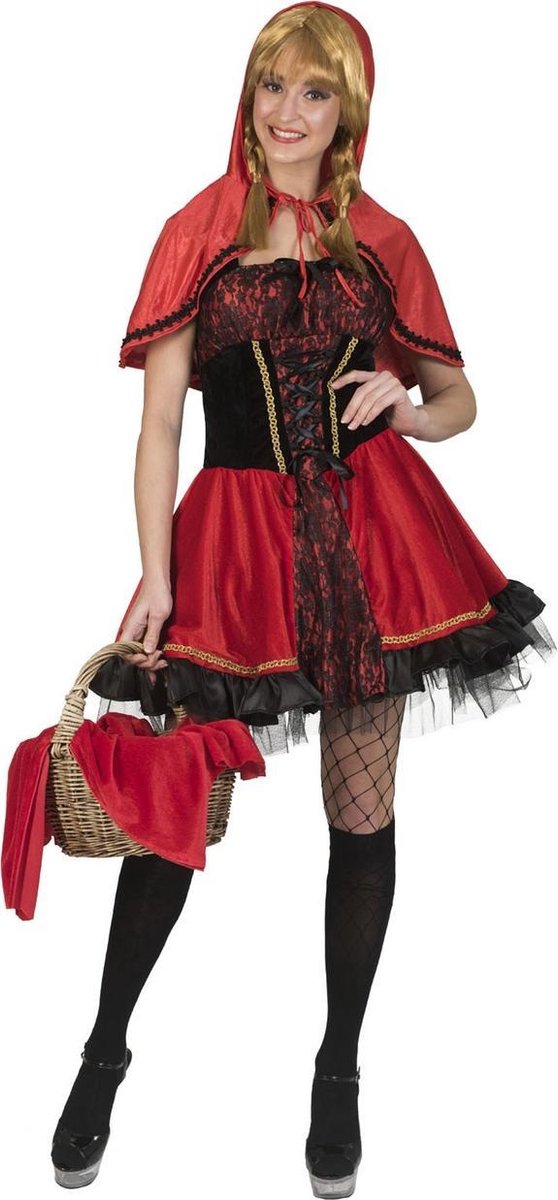 Funny Fashion - Roodkapje Kostuum - Onschuldig Roodkapje Op Weg Naar Grootmoeder - Vrouw - rood,zwart - Maat 40-42 - Carnavalskleding - Verkleedkleding