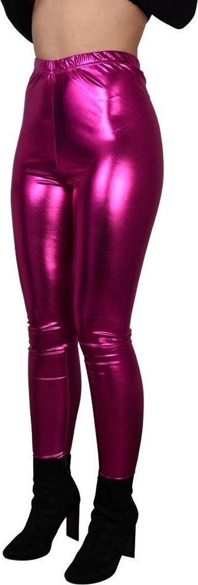 Glanzende legging - Fuchsia/ donker roze/ pink - Maat M - Hoge sluiting - Disco