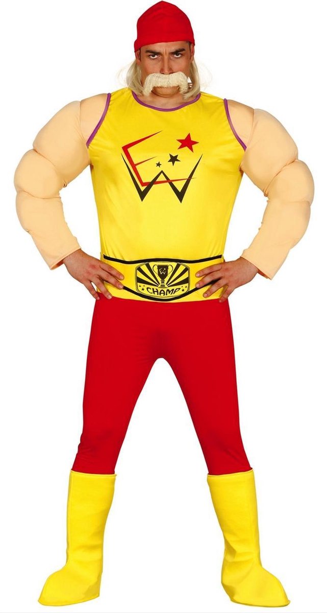 Guirca - Worstelaar Kostuum - Wwe Wrestling Hulk Hogan - Man - rood,geel - Maat 52-54 - Carnavalskleding - Verkleedkleding
