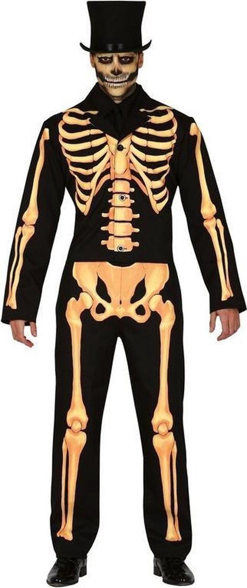 Halloween - Zwart/oranje skelet verkleed kostuum voor heren - Halloween/horror pak met geraamte/botten print 52/54