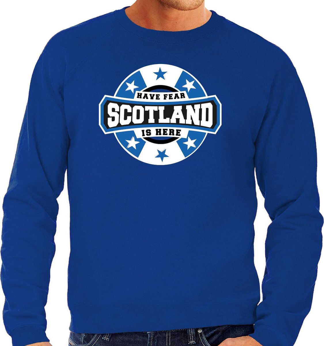 Have fear Scotland is here sweater met sterren embleem in de kleuren van de Schotse vlag - blauw - heren - Schotland supporter / Schots elftal fan trui / EK / WK / kleding S