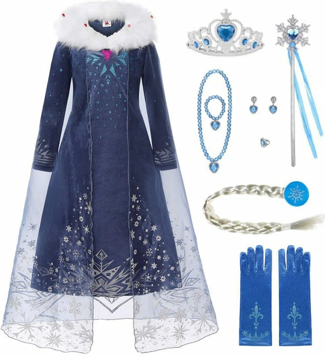 Het Betere Merk - Prinsessenjurk meisje - Frozen jurk - Elsa - Prinsessen Verkleedkleding - maat 128(130) - Kroon (Tiara) - Toverstaf - Elsa Vlecht - Prinsessen Accessoire set