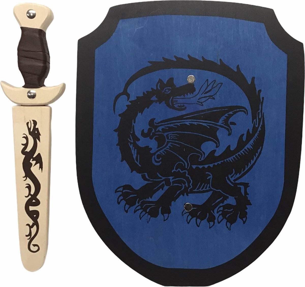 Houten Dolk met schede en ridderschild blauw zwarte Draak schild zwaard ridder kinderzwaard