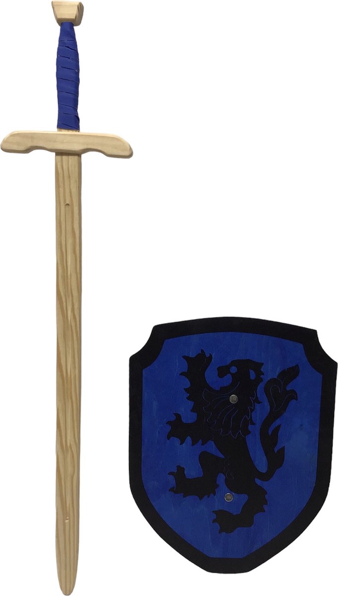 Houten roofridder zwaard en ridderschild blauw met zwarte leeuw schild ridderzwaard kinderzwaard