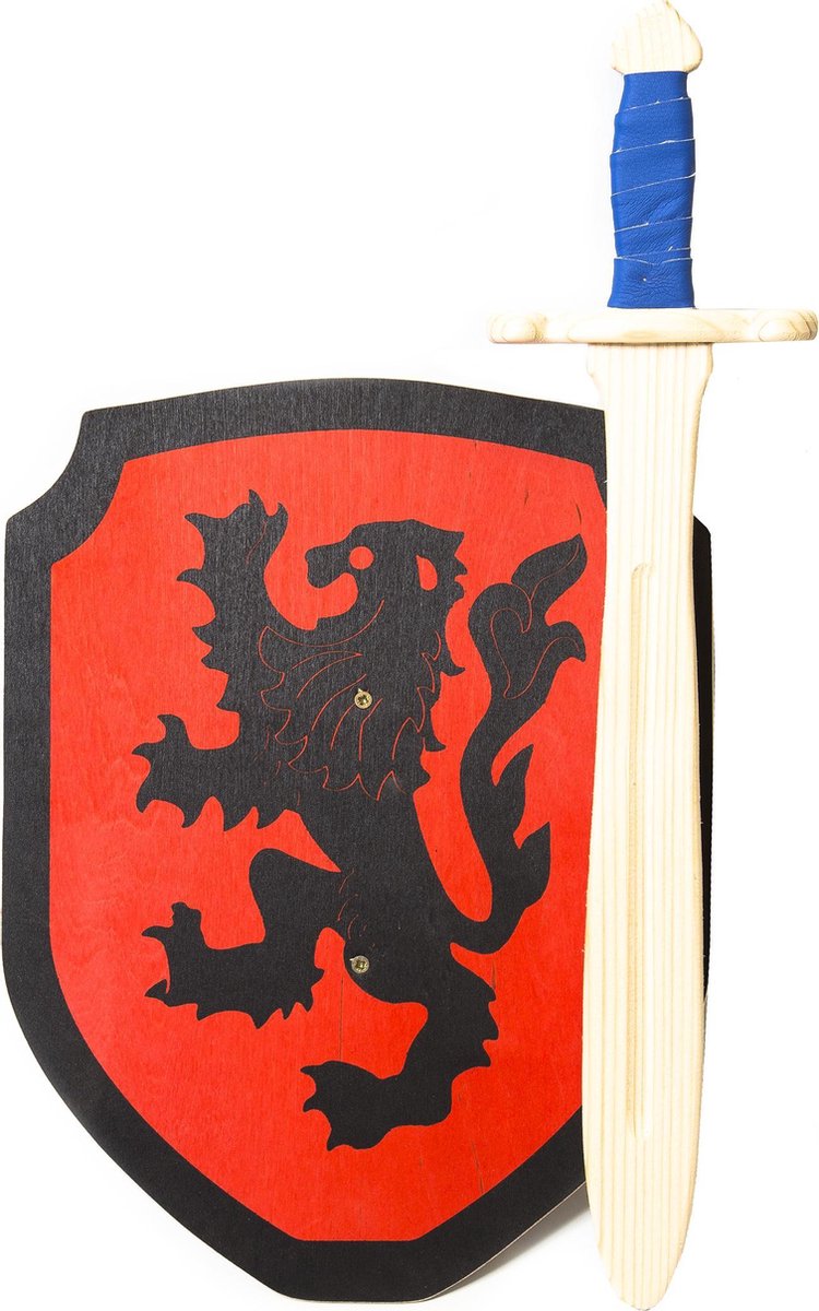 Houten struikrover zwaard en Schild rood met zwarte leeuw