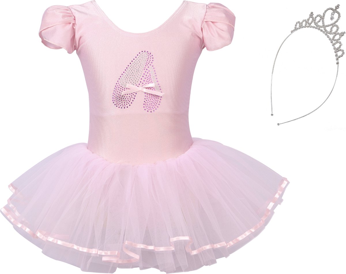 Joya Beauty® Roze balletpakje met tutu en glitterprint | Ballerina jurkje | Ballet Jurk + Kroontje | Maat 128/134 (130) | Cadeau meisje