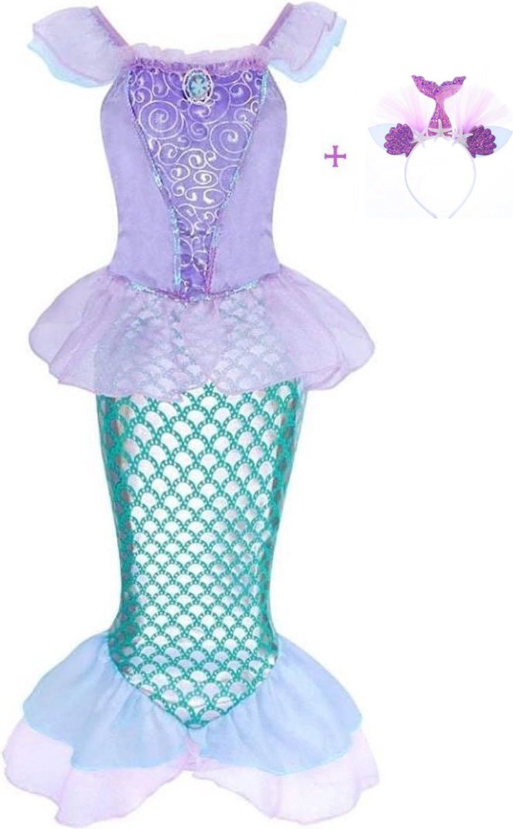 Joya Beauty® Zeemeermin Verkleedjurk | Prinsessenjurk Ariel | Mermaid Verkleedkleding | Maat 104/110 (110) | Jurk + Mermaid Kroontje | Cadeau meisje