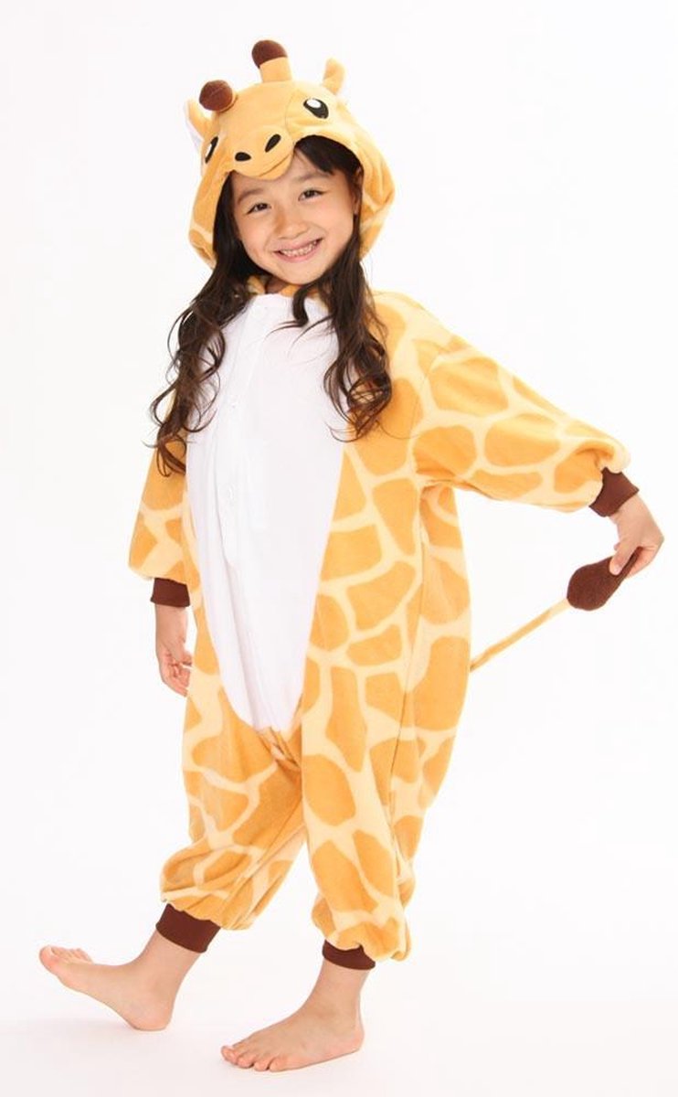 KIMU Onesie giraf pak kind oranje geel giraffe - maat 146-152 - girafpak jumpsuit pyjama