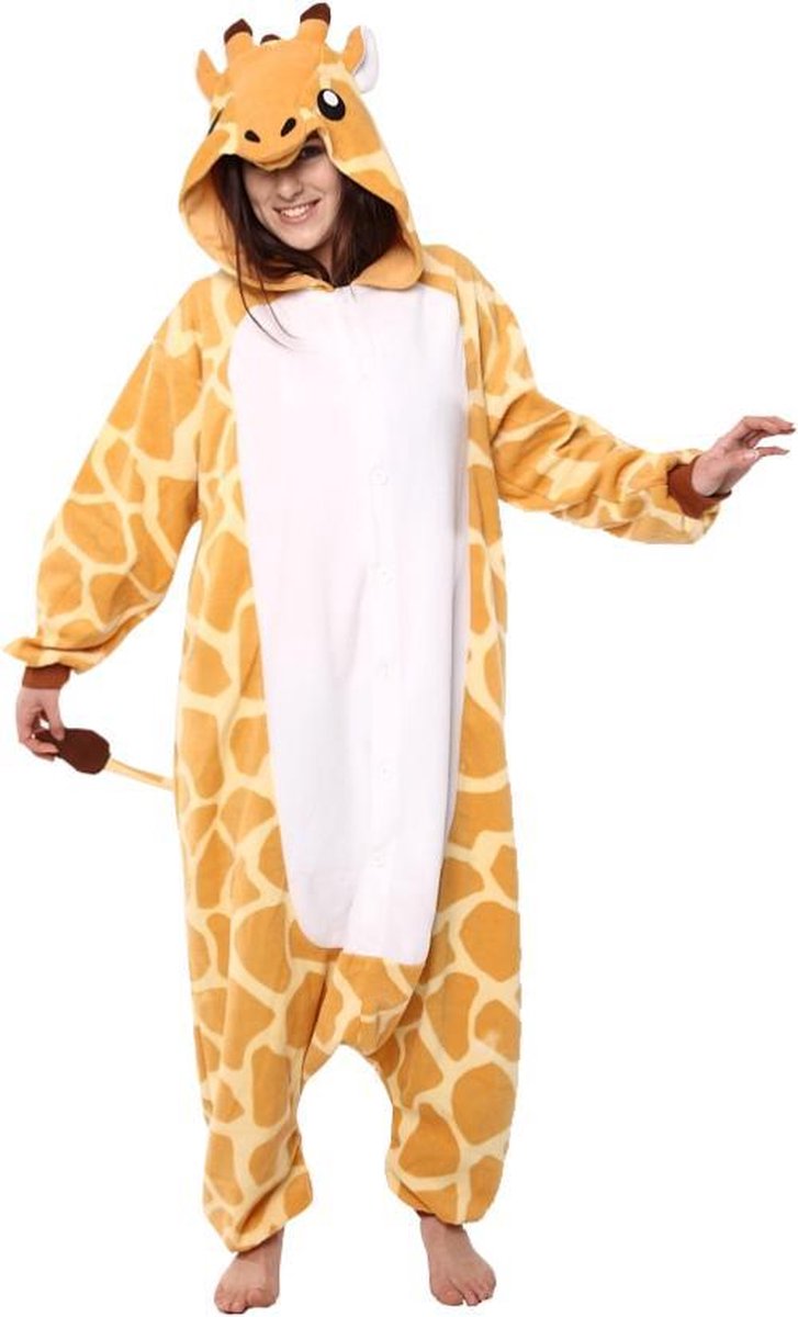KIMU Onesie giraf pak kostuum oranje geel giraffe - maat S-M - girafpak jumpsuit huispak