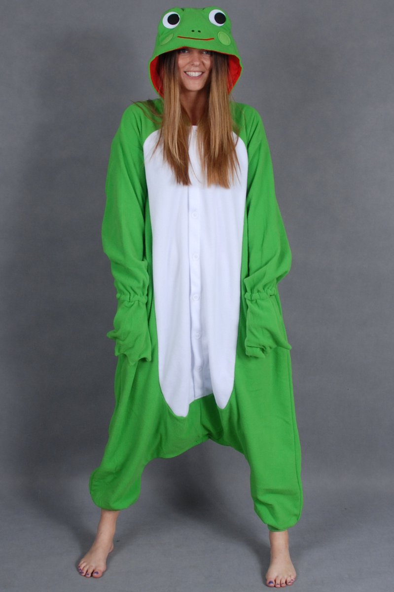 KIMU Onesie kikker pak kind kostuum groen - maat 128-134 - kikkerpak jumpsuit pyjama