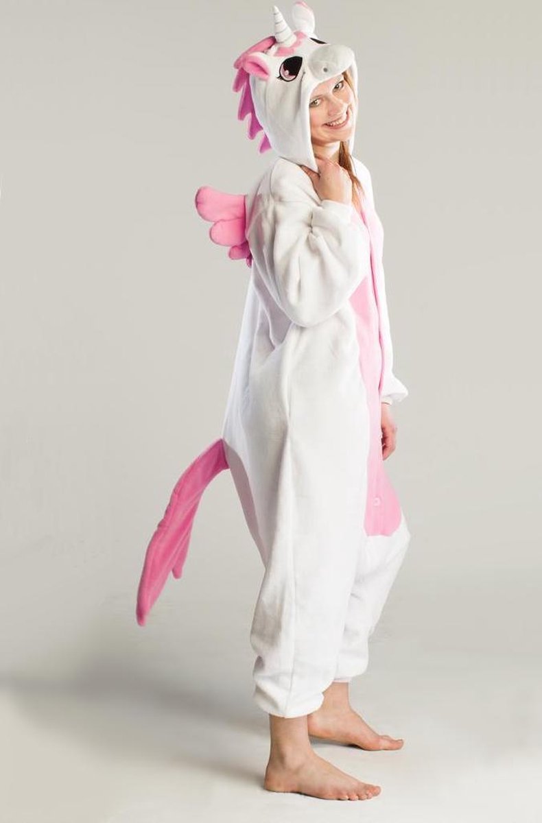 KIMU Onesie pegasus eenhoorn pak wit roze unicorn kostuum - maat S-M - unicornpak jumpsuit huispak